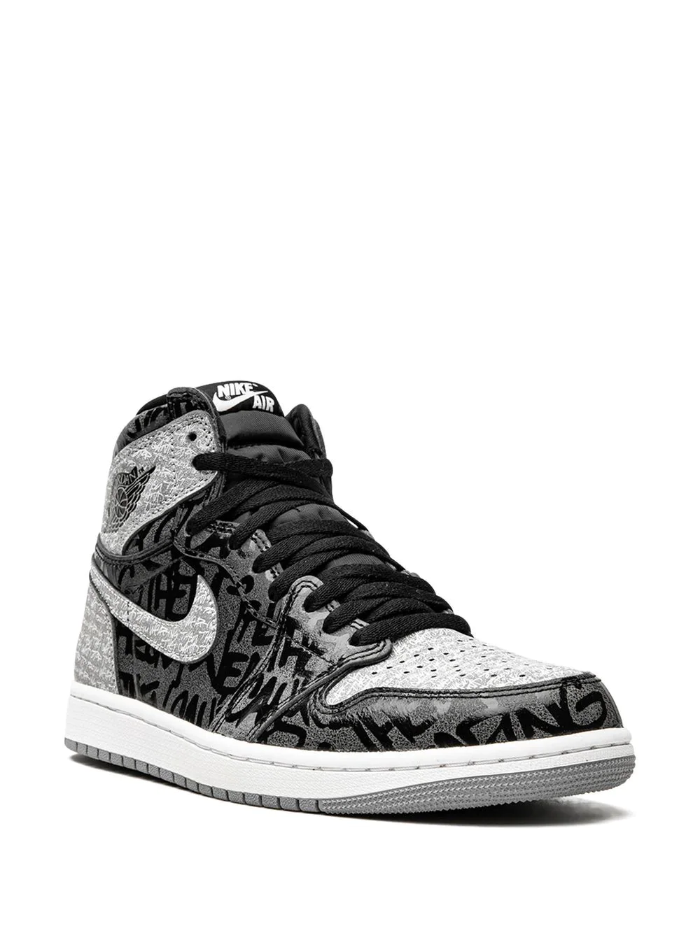High-quality replica sneakers featuring the Jordan Air Jordan 1 High OG Rebellionaire design, showcasing a sleek black and grey colorway with iconic branding and a stylish silhouette.
