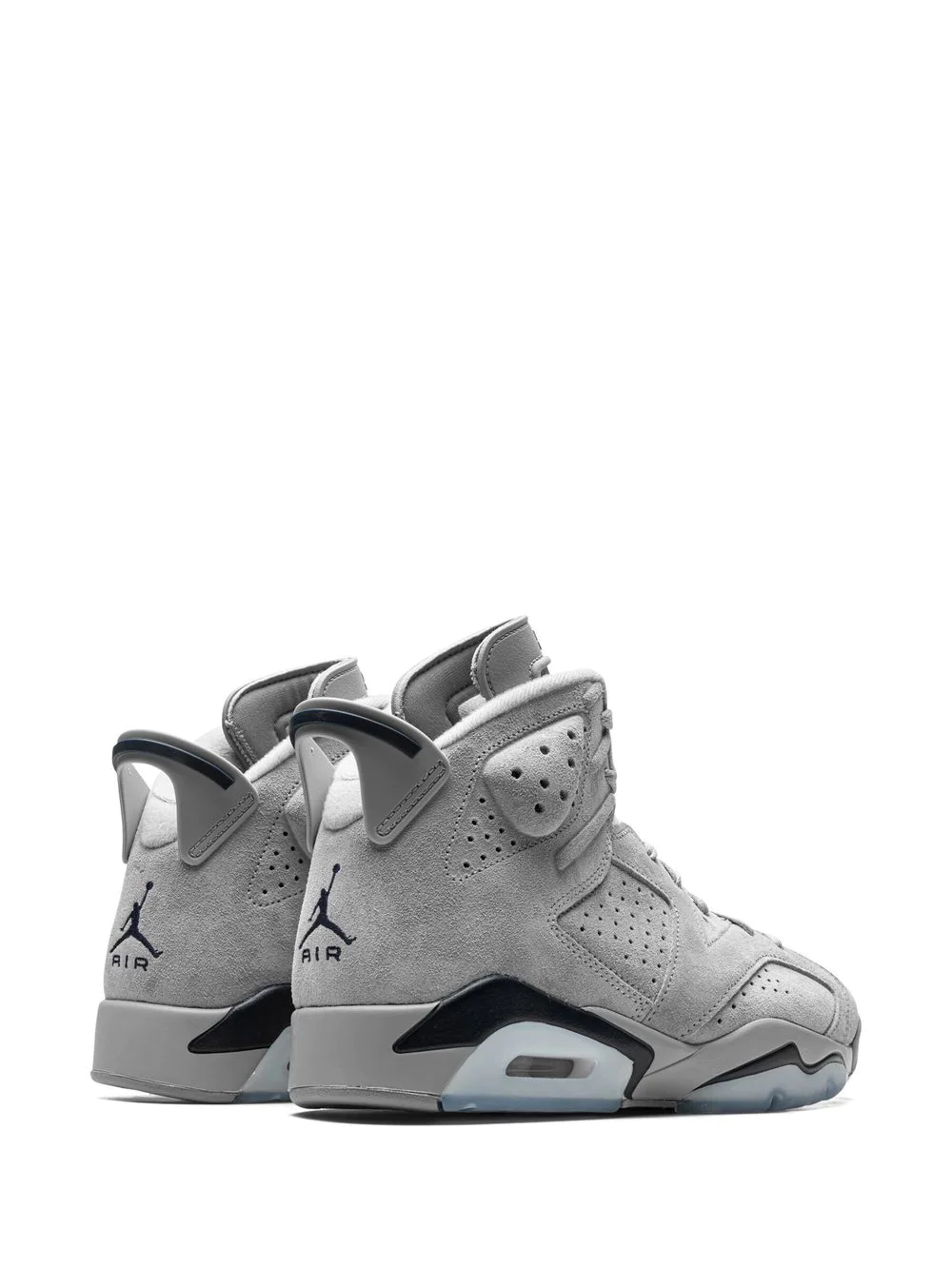 Close-up of Nike Air Jordan 6 Georgetown Lace Up Sneakers featuring a stylish gray and dark blue colorway, perfect for casual wear and athletic activities.