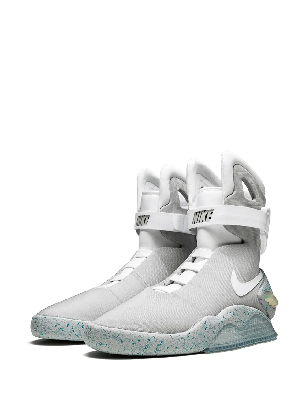 High-quality replica Nike Air Mag sneakers featuring a futuristic design with LED lights and a gray and white color scheme, perfect for sneaker enthusiasts and collectors looking for stylish shoes.