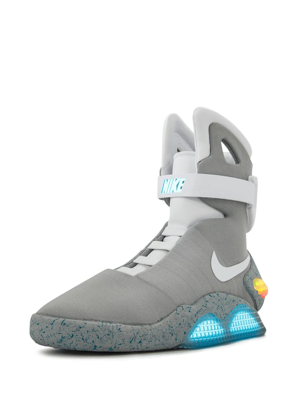 Alt Text: "High-quality replica Nike Air Mag sneakers showcasing a futuristic design with a gray and white colorway, featuring signature glowing elements and a comfortable fit, perfect for sneaker enthusiasts and collectors looking for stylish shoes."