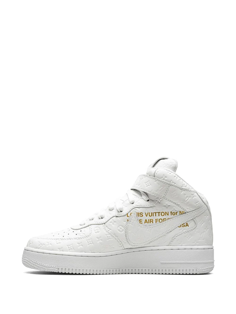 High-quality replica Nike X Louis Vuitton Air Force 1 Mid Sneakers featuring a stylish design with premium materials and signature branding, perfect for sneaker enthusiasts looking for fashionable shoes.