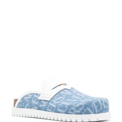 Replica Allover Medusa Denim Mules - Stylish high-quality replica sneakers featuring a unique denim design and iconic Medusa print, perfect for fashion-forward footwear enthusiasts.