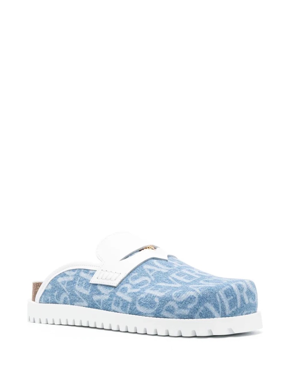 Replica Allover Medusa Denim Mules - Stylish high-quality replica sneakers featuring a unique denim design and iconic Medusa print, perfect for fashion-forward footwear enthusiasts.