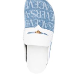 Replica Allover Medusa Denim Mules featuring a stylish denim design and iconic Medusa print, perfect for fashion-forward individuals looking for high-quality replica sneakers. These chic shoes combine comfort and elegance for everyday wear.