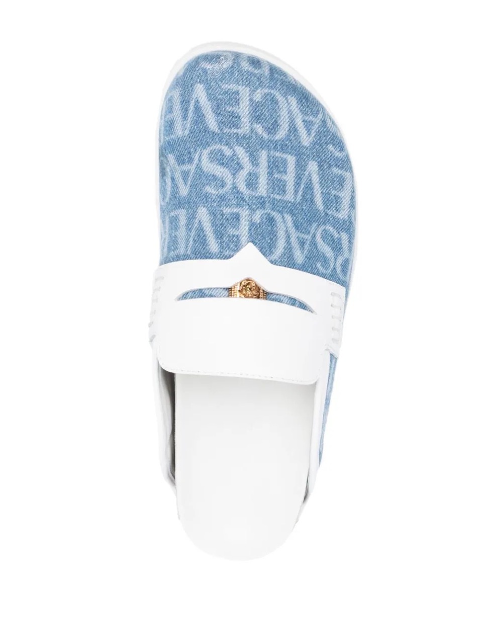 Replica Allover Medusa Denim Mules featuring a stylish denim design and iconic Medusa print, perfect for fashion-forward individuals looking for high-quality replica sneakers. These chic shoes combine comfort and elegance for everyday wear.