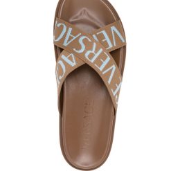 Replica Versace Allover Criss Cross Strap Sandals showcased against a clean background, featuring a stylish criss-cross strap design and high-quality materials, perfect for fashion-forward enthusiasts seeking replica sneakers that exude luxury.