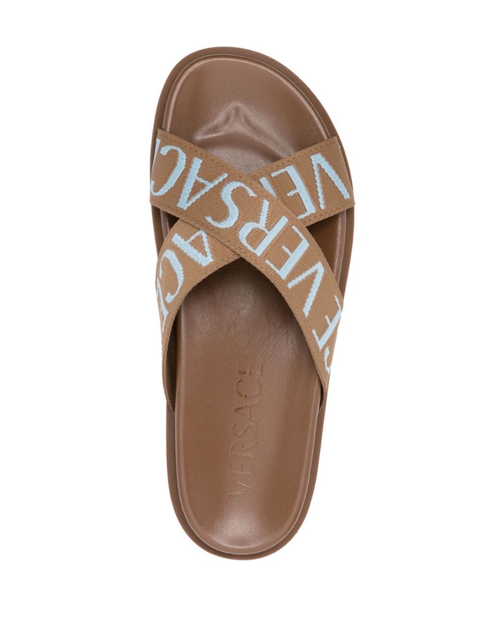 Replica Versace Allover Criss Cross Strap Sandals showcased against a clean background, featuring a stylish criss-cross strap design and high-quality materials, perfect for fashion-forward enthusiasts seeking replica sneakers that exude luxury.