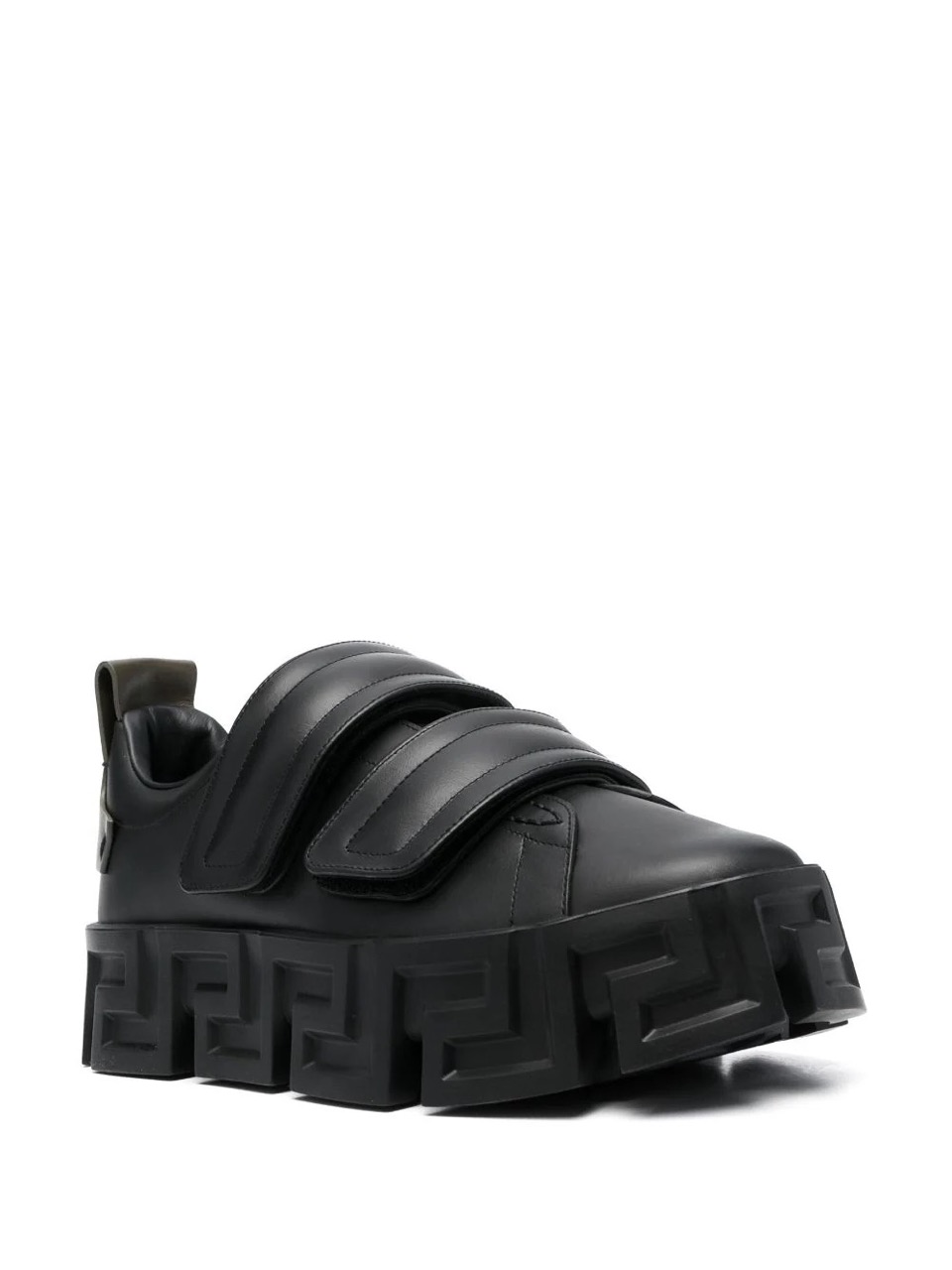 Versace Greca Labyrinth Chunky Leather Sneakers in sleek black leather with bold Greca design detailing, showcasing high-quality craftsmanship, perfect as stylish replica sneakers for fashion-forward enthusiasts.