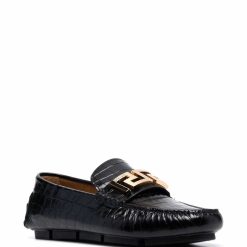 Alt Text: "Versace Greca Plaque Crocodile Effect Loafers, stylish replica sneakers featuring a luxurious crocodile texture and signature Greca plaque, perfect for elevating your shoe collection with high-quality craftsmanship."