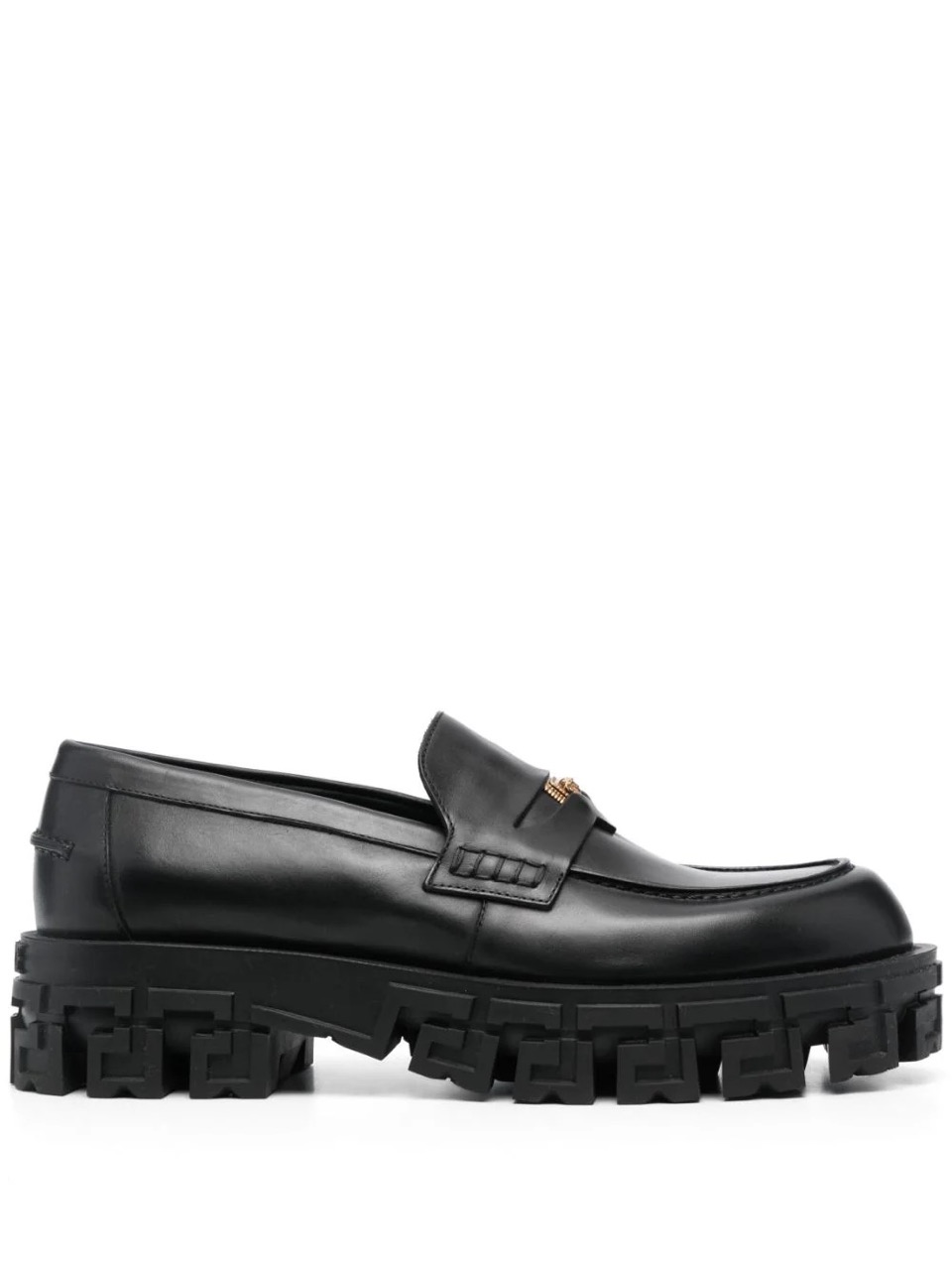 Versace Medusa Head Loafers in sleek black leather, featuring iconic Medusa head emblem, perfect for a stylish look, showcased as high-quality replica sneakers for fashion-forward enthusiasts.