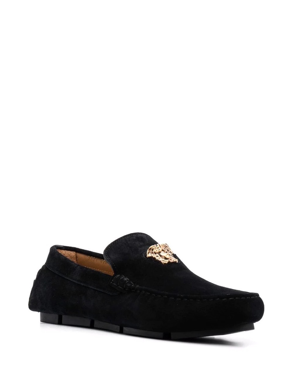 Versace Medusa Head Plaque Loafers in elegant black leather, showcasing a striking gold Medusa head emblem on the front, perfect for those seeking high-quality replica sneakers that combine luxury with style.