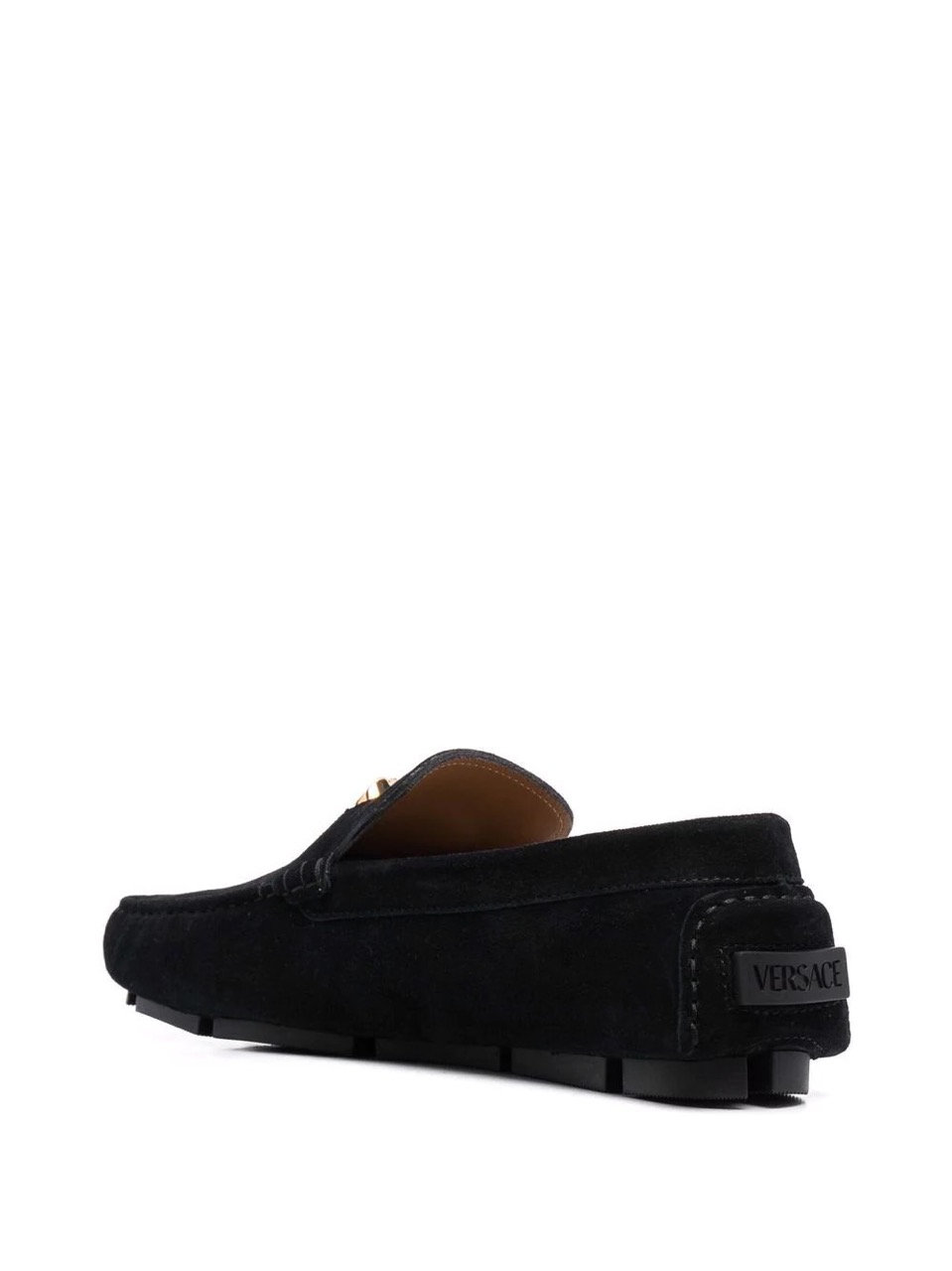 Versace Medusa Head Plaque Loafers in luxurious black leather, featuring a striking gold Medusa emblem, perfect for fashion enthusiasts seeking high-quality replica sneakers or stylish shoes.