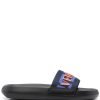Versace Logo Applique Open Toe Slides - Elegant replica shoes featuring the iconic Versace logo, designed for style and comfort, perfect for casual wear or a chic summer look.