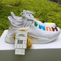 Adidas NMD Human Race White replica sneakers showcasing a sleek design with bold colorful accents, ideal for sneaker enthusiasts seeking high-quality alternatives.