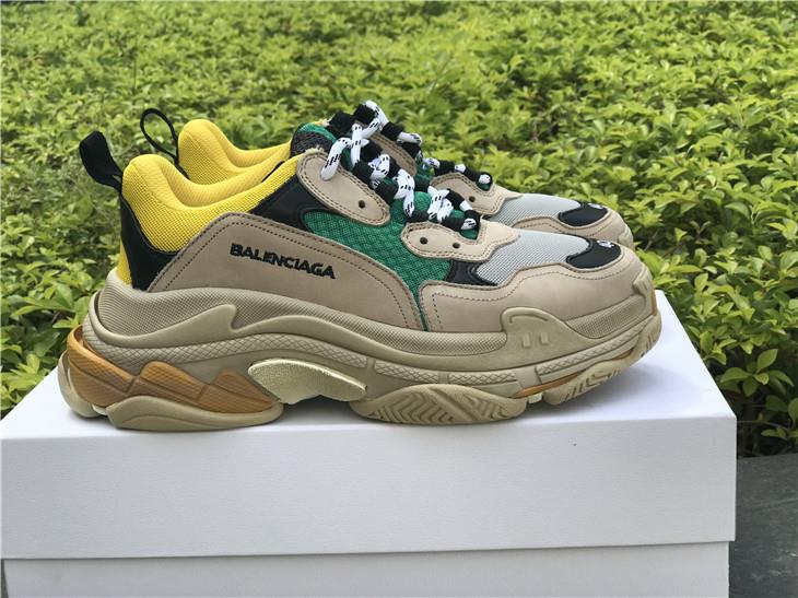 Balenciaga Triple S Yellow Green replica sneakers featuring a vibrant yellow and green colorway, designed with a chunky silhouette and premium materials for an authentic look.