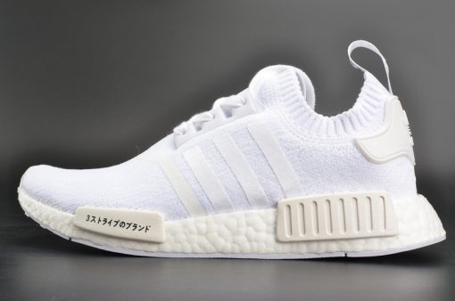 Adidas NMD R1 Primeknit Japan Triple White replica sneakers featuring a sleek all-white design, breathable Primeknit upper, and iconic Boost cushioning for ultimate comfort and style.