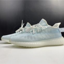 Adidas Yeezy Boost 350 V2 Mono Ice replica sneakers featuring a light blue Primeknit upper, translucent midsole, and signature side stripe, perfect for style-savvy sneaker enthusiasts.