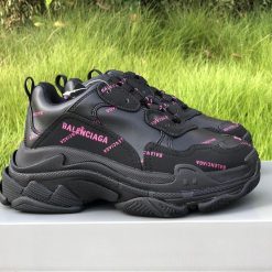 Balenciaga Allover Logo Triple S Black Pink replica sneakers featuring the iconic triple sole design and bold logo print, perfect for fashion-forward sneaker enthusiasts.
