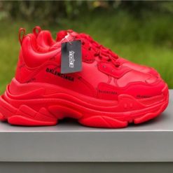 Balenciaga Allover Logo Triple S Bright Red replica sneakers featuring a bold red colorway and iconic allover logo design, perfect for streetwear enthusiasts.