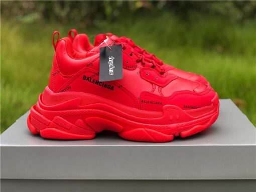 Balenciaga Allover Logo Triple S Bright Red replica sneakers featuring a bold red colorway and iconic allover logo design, perfect for streetwear enthusiasts.