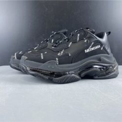 Balenciaga Allover Logo Triple S Clear Sole Black replica sneakers featuring a sleek black design with an allover logo print, perfect for stylish streetwear and sneaker enthusiasts.