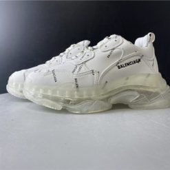 Balenciaga Allover Logo Triple S Clear Sole White replica sneakers showcasing a stylish design with a clear sole and distinctive branding, perfect for sneaker enthusiasts seeking high-quality alternatives.