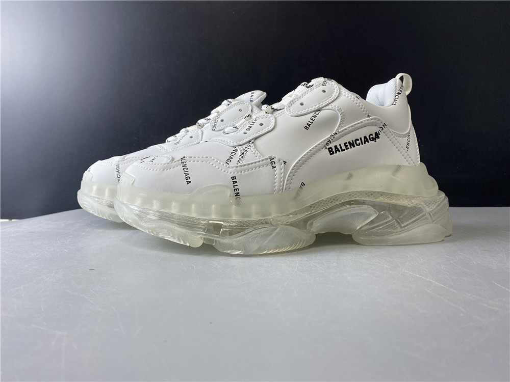 Balenciaga Allover Logo Triple S Clear Sole White replica sneakers featuring a stylish design with iconic branding and a transparent sole, perfect for fashion enthusiasts looking for high-quality footwear alternatives.