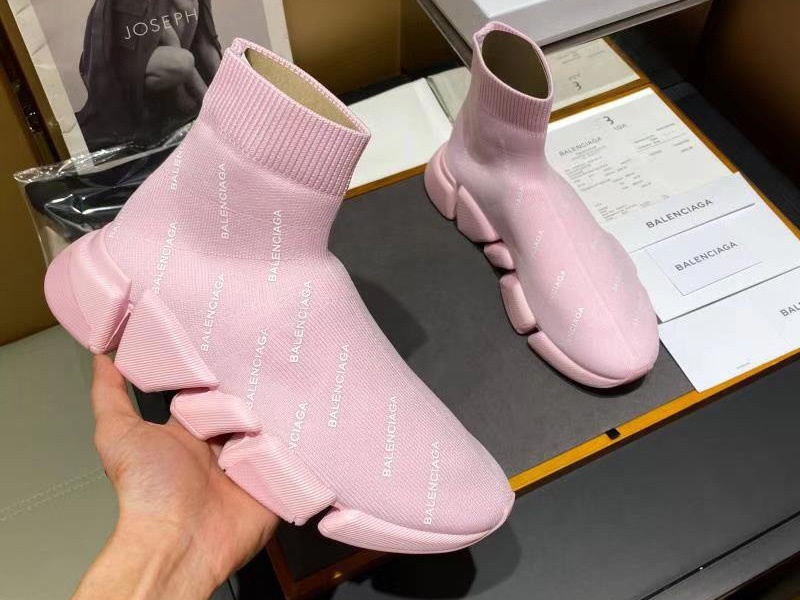 Balenciaga Speed 2.0 Allover Logo Pink Sneaker, high-quality replica sneakers featuring a vibrant pink colorway and iconic logo design, perfect for fashion-forward individuals looking for stylish footwear alternatives.