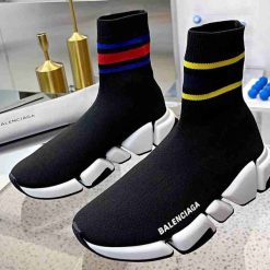 Balenciaga Speed 2.0 Black With Stripe Replica Sneakers showcasing a sleek design, featuring a comfortable knit upper and bold stripe accents, perfect for a stylish and sporty look.