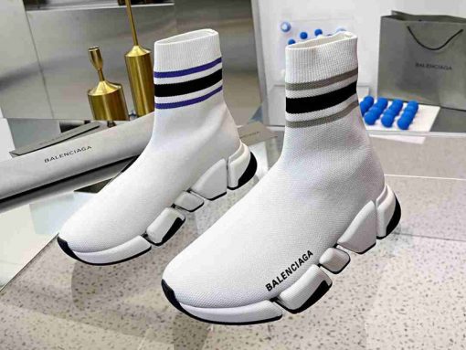 Balenciaga Speed 2.0 White With Stripe Wmns Sneaker, high-quality replica sneakers featuring a sleek white design with contrasting stripes for a stylish and modern look.