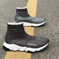 Balenciaga Speed Trainers Silver Grey high-quality replica sneakers featuring a sleek design, lightweight knit upper, and iconic chunky sole, perfect for fashion-forward casual wear.