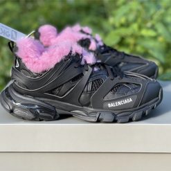 Balenciaga Track Black With Pink Fur Sneaker replica sneakers featuring a stylish combination of black and pink fur details, designed for comfort and fashion-forward appeal.