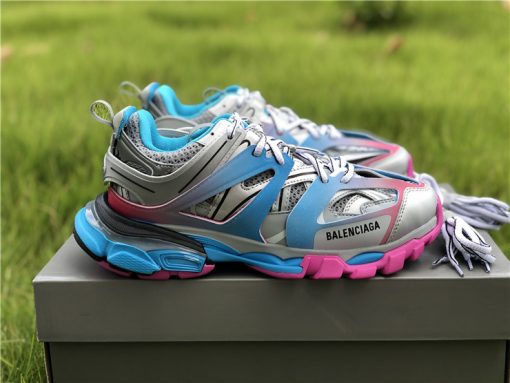 Balenciaga Track Blue Pink Silver Sneaker replica sneakers showcasing a vibrant color palette and intricate design details, ideal for sneaker enthusiasts seeking upscale style without the high price tag.