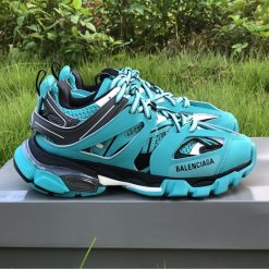 Balenciaga Track Emerald Blue Sneaker replica sneakers featuring a vibrant emerald blue colorway, modern chunky design, and premium construction for an authentic look and feel.
