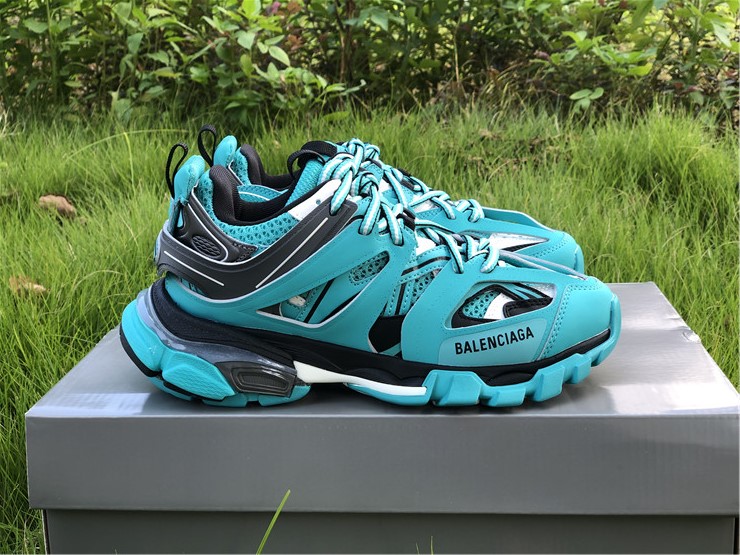 Balenciaga Track Emerald Blue Sneaker replica sneakers featuring a vibrant emerald blue colorway, modern chunky design, and premium construction for an authentic look and feel.