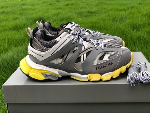 Replica Balenciaga Track Grey White Yellow Sneaker, high-quality replica sneakers featuring a stylish design with a mix of grey, white, and yellow colors, perfect for any casual outfit.