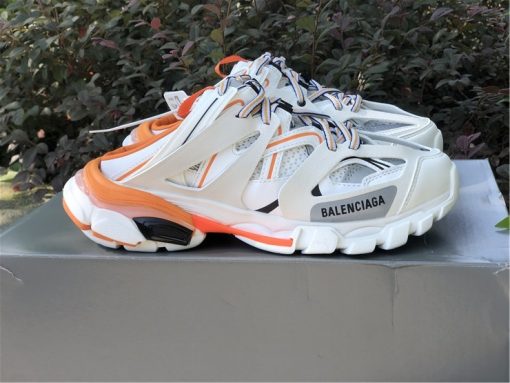 Balenciaga Track Mule White Orange Sneaker replica sneakers showcasing a sleek design with vibrant accents, perfect for stylish comfort and trendy streetwear.