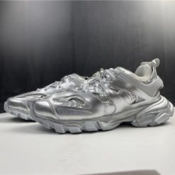 Balenciaga Track Silver Metallic Sneaker, high-quality replica sneakers featuring a sleek metallic design, perfect for fashion enthusiasts seeking stylish footwear.