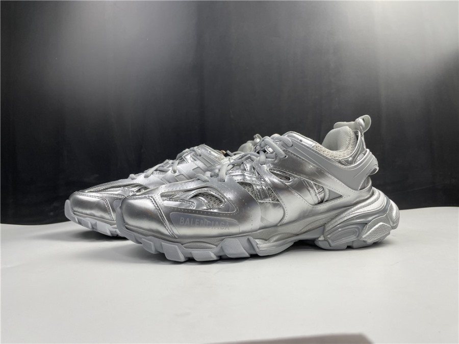 Balenciaga Track Silver Metallic Sneaker replica sneakers featuring a sleek metallic finish, breathable mesh, and a chunky silhouette for a stylish and sporty look.