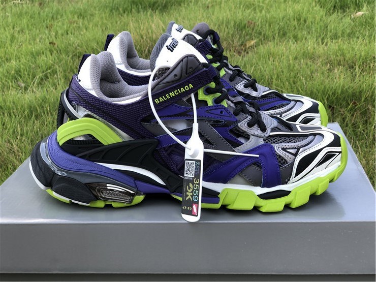 Balenciaga Track 2 Purple Grey Green Sneaker high-quality replica sneakers featuring a vibrant color combination and chunky design for a trendy, sporty look.