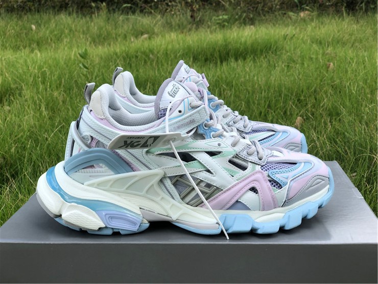 Balenciaga Track 2 White Light Blue Sneaker high-quality replica sneakers showcasing a stylish design with a blend of white and light blue colors, featuring a chunky silhouette and detailed stitching, perfect for trendy streetwear.
