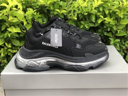 Balenciaga Triple S Clear Sole Black Silver replica sneakers featuring a bold design with a chunky silhouette, clear sole, and a striking black and silver colorway, perfect for fashion-forward sneaker enthusiasts.