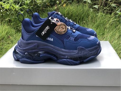 Balenciaga Triple S Clear Sole Blue replica sneakers featuring a stylish design with a prominent clear sole, perfect for fashion enthusiasts seeking quality and comfort in their footwear.