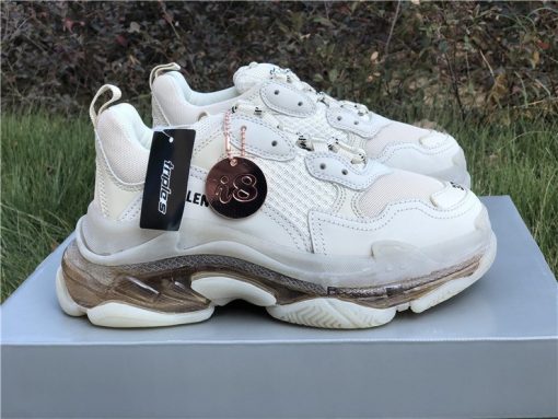 Balenciaga Triple S Clear Sole Off White replica sneakers featuring a stylish off-white design with a transparent outsole, perfect for sneaker enthusiasts looking for high-quality shoes.