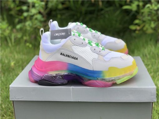 Balenciaga Triple S Rainbow replica sneakers featuring a vibrant multicolor design, showcasing the iconic chunky silhouette and luxurious materials for sneaker enthusiasts looking for high-quality shoes.
