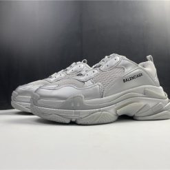 Balenciaga Triple S Silver Metallic replica sneakers featuring a sleek metallic design, chunky sole, and stylish silhouette, perfect for fashion-forward shoe enthusiasts.