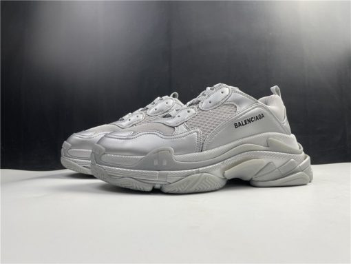 Balenciaga Triple S Silver Metallic replica sneakers featuring a sleek silver design and chunky silhouette, perfect for stylish footwear enthusiasts looking for high-quality shoes.
