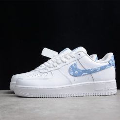 Nike Air Force 1 Low 07 Essential White Worn Blue Paisley replica sneakers showcasing a classic design with a stylish blue paisley pattern on a pristine white base for a trendy look.