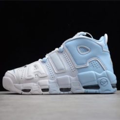 Nike Air More Uptempo Psychic Blue Sky replica sneakers featuring a vibrant blue upper, bold white lettering, and a classic silhouette, perfect for sneaker enthusiasts seeking high-quality replicas.