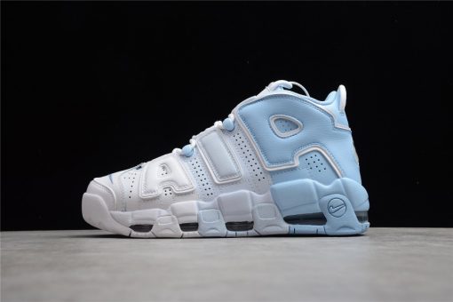 Nike Air More Uptempo Psychic Blue Sky replica sneakers featuring a vibrant blue upper, bold white lettering, and a classic silhouette, perfect for sneaker enthusiasts seeking high-quality replicas.